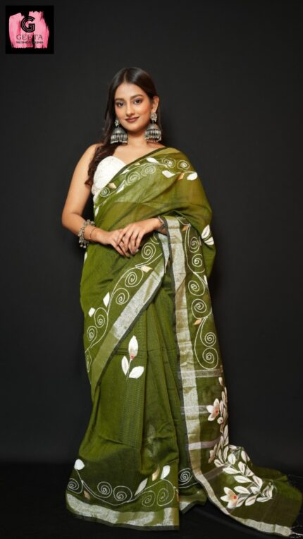 Hand-Painted Olive Green Mul Cotton Saree with Zari Border